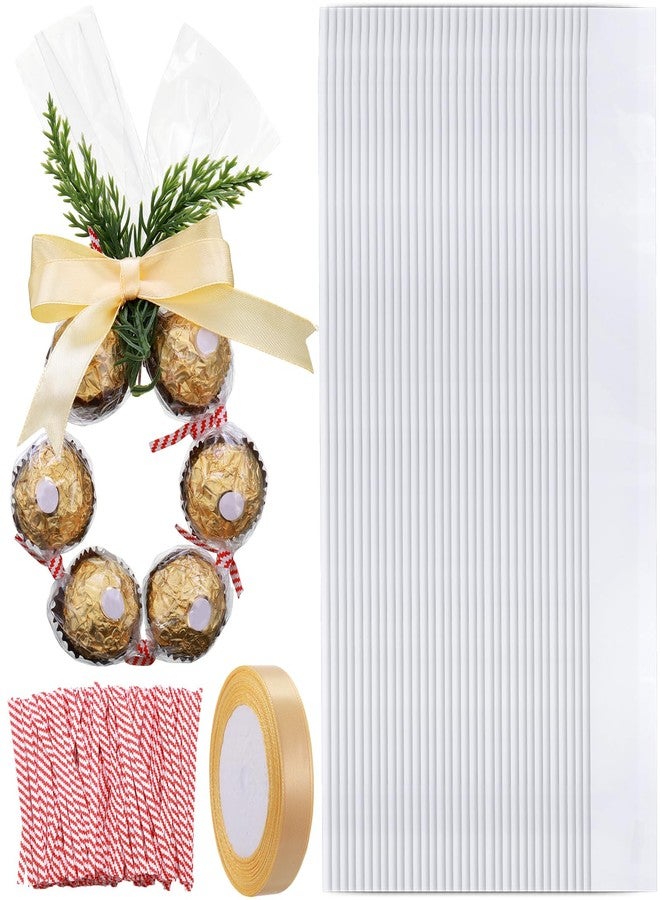 Dunzoom 50/100 Set 2'' x 24'' Christmas Candy Wrapping Gifts Treat Bags Set Plastic Transparent Bags with Twist Tie and Loop of Ribbon for Xmas Party Favors Chocolates Candy Wreath Making Kit - Image 1